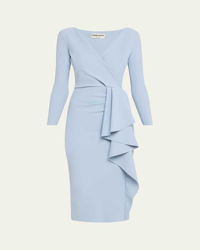 Draped Faux Wrap Bodycon Midi Dress